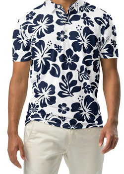A man wearing a white and navy blue Hawaiian Aloha slim fit polo shirt with a white button placket.