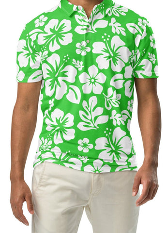 A man wearing a lime green and white Hawaiian Aloha slim fit polo shirt with a white button placket.