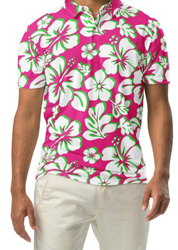 A man wearing a hot pink, lime green, and white floral Hawaiian Aloha polo shirt with a white button placket.