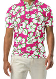A man wearing a hot pink, lime green, and white floral Hawaiian Aloha polo shirt with a white button placket.