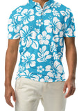 A man wearing an aqua blue and white Hawaiian Aloha patterned polo shirt with white button placket and short sleeves