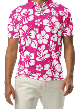 A man wearing a hot pink and white Hawaiian Aloha slim fit polo shirt with a white button placket.