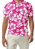 A man wearing a hot pink and white Hawaiian Aloha slim fit polo shirt with a white button placket.