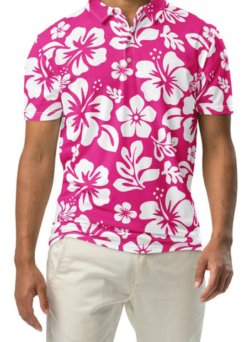 A man wearing a hot pink and white Hawaiian Aloha slim fit polo shirt with a white button placket.