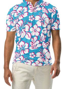 A man wearing an aqua blue, hot pink, and white floral Hawaiian Aloha polo shirt with a white button placket.