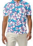 A man wearing an aqua blue, hot pink, and white floral Hawaiian Aloha polo shirt with a white button placket.
