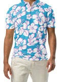 A man wearing an aqua blue, pink, and white floral print Hawaiian Aloha polo shirt with a white button placket, short sleeves, and a slim fit.