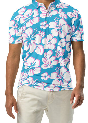 A man wearing an aqua blue, pink, and white floral print Hawaiian Aloha polo shirt with a white button placket, short sleeves, and a slim fit.