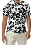 A man wearing a black and white Hawaiian aloha polo shirt with a button-up neck and short sleeves.