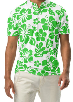 A man wearing a white and lime green Hawaiian Aloha slim fit polo shirt with a white button placket.