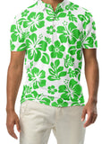 A man wearing a white and lime green Hawaiian Aloha slim fit polo shirt with a white button placket.