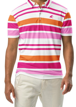 A man wearing a hot pink, pink, orange, and white striped slim fit polo shirt with a white button placket.