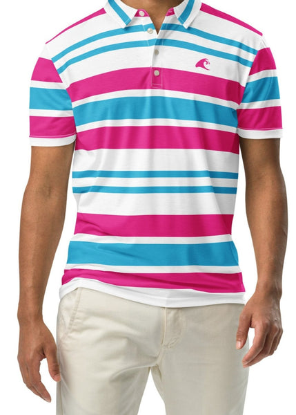 A man wearing an aqua blue, hot pink and white striped slim fit polo shirt with a white button placket.