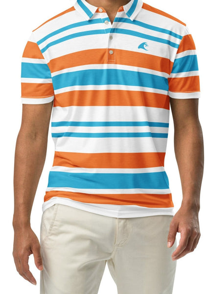A man wearing an aqua blue, orange and white striped slim fit polo shirt with a white button placket.