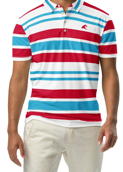 A man wearing an aqua blue, red and white striped slim fit polo shirt with a white button placket.