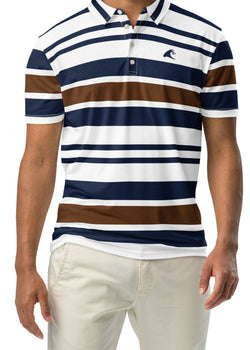 A man wearing a navy blue, brown, and white striped slim fit polo shirt with a white button placket.
