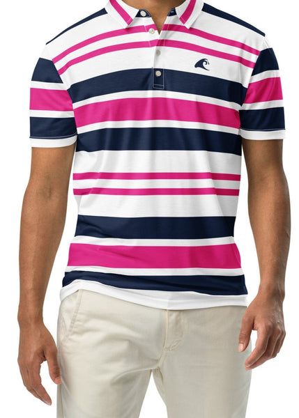 A man wearing a navy blue, hot pink and white striped slim fit polo shirt with a white button placket.