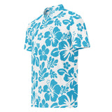 Slim Fit Men’s Hawaiian Polo Shirt – White and Aqua Blue by Extremely Stoked®