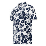 Slim Fit Men’s Hawaiian Polo Shirt – White and Navy Blue by Extremely Stoked®