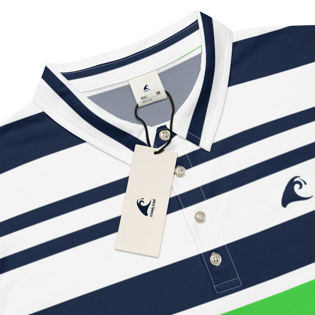 Slim Fit Men's Classic Surf Stripes Polo Shirt – Navy Blue, Lime