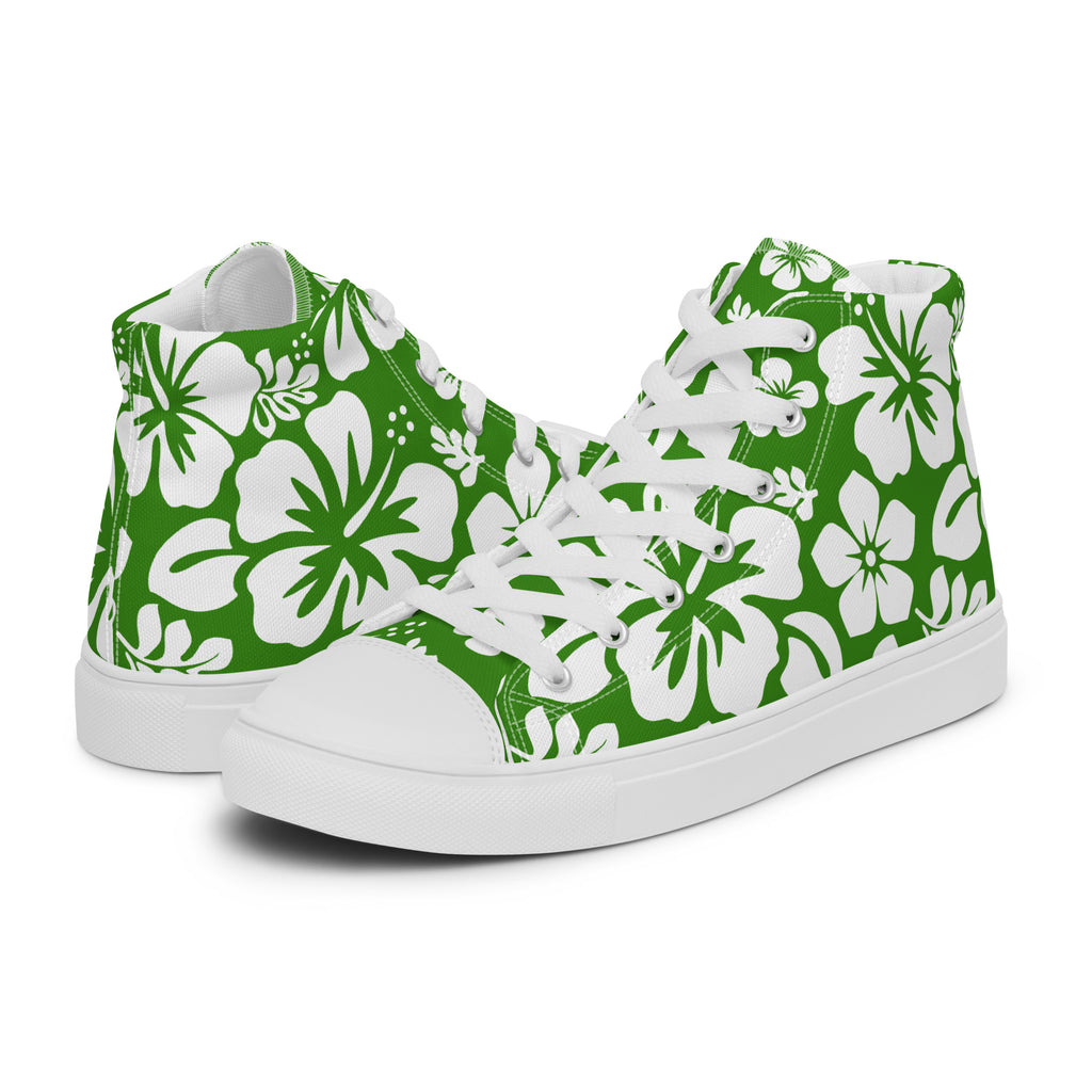 Men's Fresh Green and White Hawaiian Print High Top Shoes