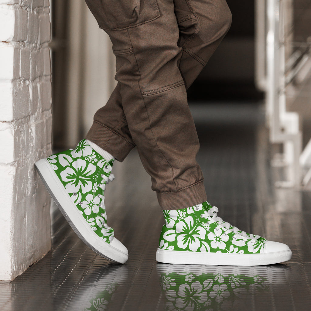 Men's Fresh Green and White Hawaiian Print High Top Shoes