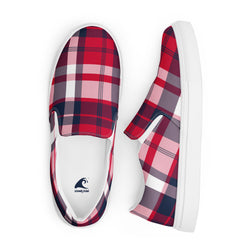 Red & Navy Blue Plaid Men's Slip-On Sneakers | Extremely Stoked® Surf-Style Canvas Shoes
