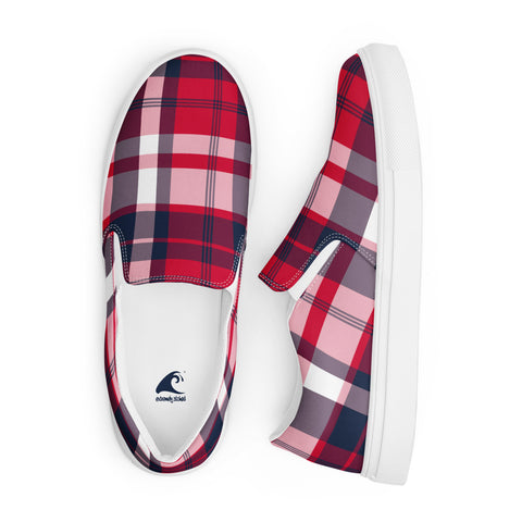 Red & Navy Blue Plaid Men's Slip-On Sneakers | Extremely Stoked® Surf-Style Canvas Shoes