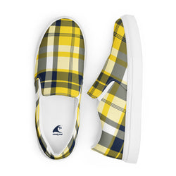 Yellow & Navy Blue Plaid Men's Slip-On Sneakers | Extremely Stoked® Surf-Style Canvas Shoes