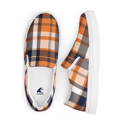 Orange & Navy Blue Plaid Men's Slip-On Sneakers | Extremely Stoked® Surf-Style Canvas Shoes