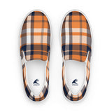 Orange & Navy Blue Plaid Men's Slip-On Sneakers | Extremely Stoked® Surf-Style Canvas Shoes
