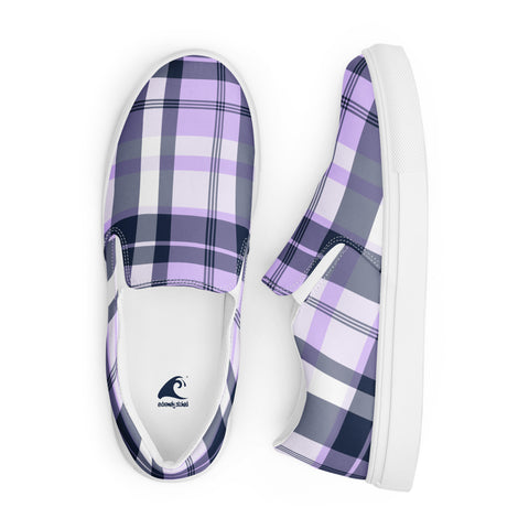 Lavender & Navy Blue Plaid Men's Slip-On Sneakers | Extremely Stoked® Surf-Style Canvas Shoes