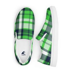 Lime Green & Navy Blue Plaid Men's Slip-On Sneakers | Extremely Stoked® Surf-Style Canvas Shoes