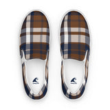 Brown & Navy Blue Plaid Men's Slip-On Sneakers | Extremely Stoked® Surf-Style Canvas Shoes
