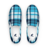 Aqua & Navy Blue Plaid Men's Slip-On Sneakers | Extremely Stoked® Surf-Style Canvas Shoes