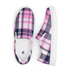 Pink & Navy Blue Plaid Men's Slip-On Sneakers | Extremely Stoked® Surf-Style Canvas Shoes