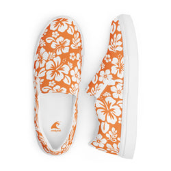 Orange Hawaiian Flowers Men's Slip-On Sneakers | Extremely Stoked® Surf-Style Canvas Shoes