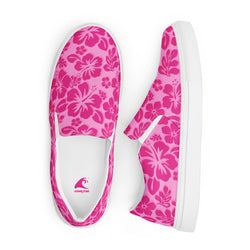 Raspberry Pinks Hawaiian Flowers Men's Slip-On Sneakers | Extremely Stoked® Surf-Style Canvas Shoes