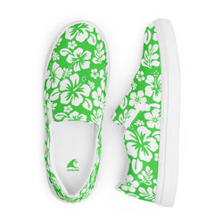 Lime Green Hawaiian Flowers Men's Slip-On Sneakers | Extremely Stoked® Surf-Style Canvas Shoes