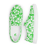 Lime Green Hawaiian Flowers Men's Slip-On Sneakers | Extremely Stoked® Surf-Style Canvas Shoes