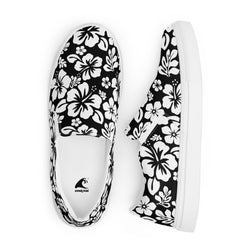 Black Hawaiian Flowers Men's Slip-On Sneakers | Extremely Stoked® Surf-Style Canvas Shoes
