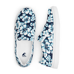 Aqua and Navy Blue Hawaiian Flowers Men's Slip-On Sneakers | Extremely Stoked® Surf-Style Canvas Shoes