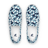 Aqua and Navy Blue Hawaiian Flowers Men's Slip-On Sneakers | Extremely Stoked® Surf-Style Canvas Shoes