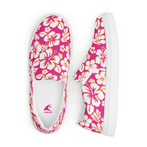 Hot Pink and Orange Hawaiian Flowers Men's Slip-On Sneakers | Extremely Stoked® Surf-Style Canvas Shoes
