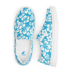 Aqua Blue Hawaiian Flowers Men's Slip-On Sneakers | Extremely Stoked® Surf-Style Canvas Shoes