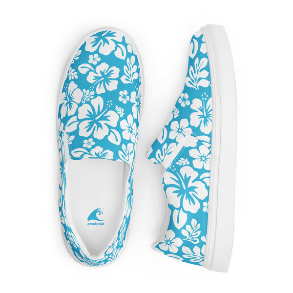 Aqua Blue Hawaiian Flowers Men's Slip-On Sneakers | Extremely Stoked® Surf-Style Canvas Shoes