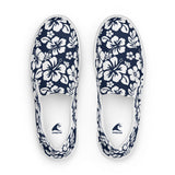 Navy Blue Hawaiian Flowers Men's Slip-On Sneakers | Extremely Stoked® Surf-Style Canvas Shoes