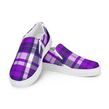 Purple & Navy Blue Plaid Men's Slip-On Sneakers | Extremely Stoked® Surf-Style Canvas Shoes