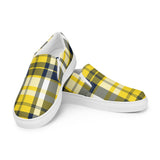 Yellow & Navy Blue Plaid Men's Slip-On Sneakers | Extremely Stoked® Surf-Style Canvas Shoes