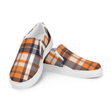 Orange & Navy Blue Plaid Men's Slip-On Sneakers | Extremely Stoked® Surf-Style Canvas Shoes